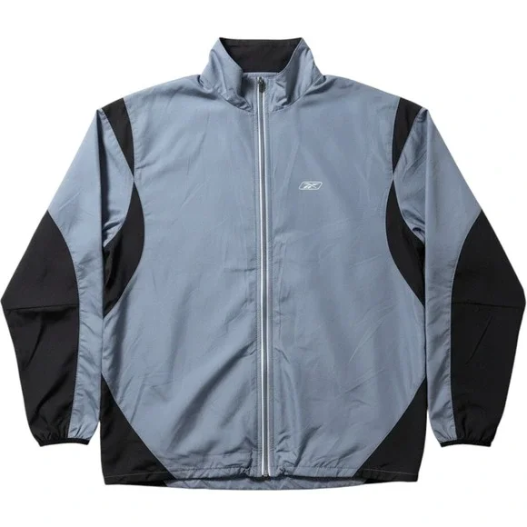 Reebok Windbreaker Jacket‎ Mens L Grey Black Full Zip Reflective Mock Neck Sport