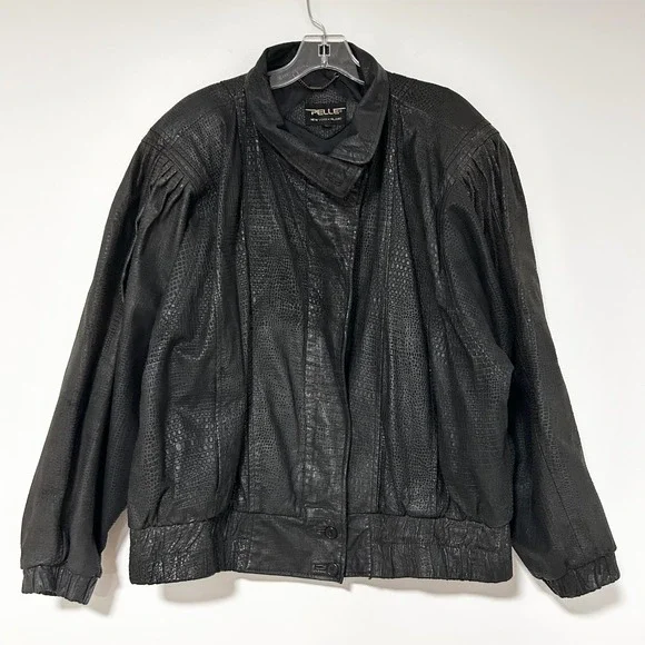 Pelle New York Milano Mens Black Embossed Leather Bomber Jacket Size‎ L