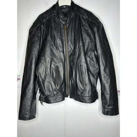 Mens‎ Black Genuine Leather Motorcycle Jacket Side Lace Up Biker Size 52 YKK Zip