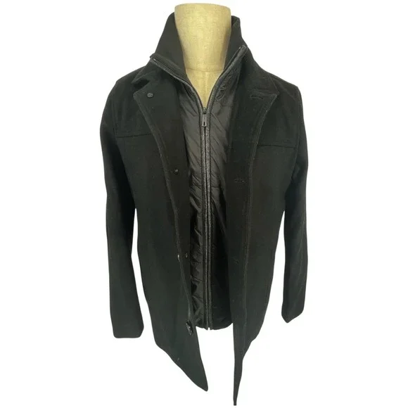 Kenneth Cole New York Mens Black Wool 2-in-1 Poly‎ Puffer Liner Car Coat Sz S