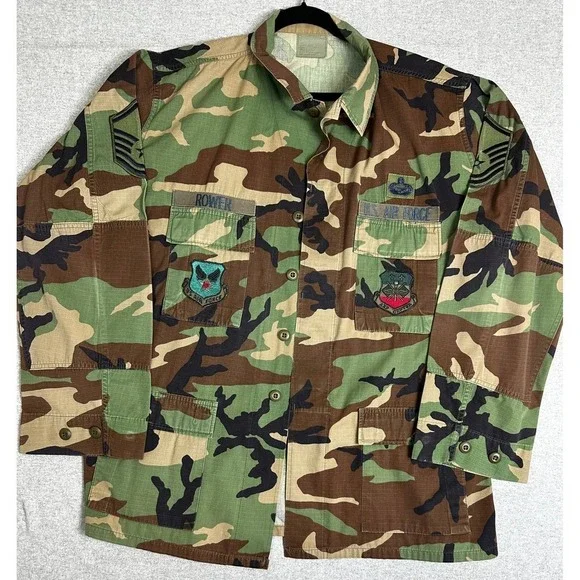 US‎ Air Force Field Jacket Shirt Mens XLT Woodland Camo BDU Ripstop Rower Patch