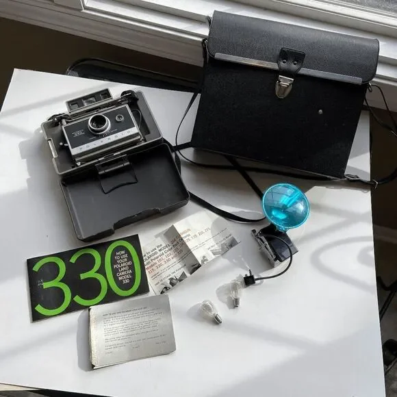Vintage Polaroid 330 Land Camera Bundle w/ Case, Flash, Bulbs, Manuals