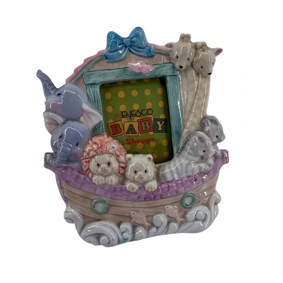 Enesco Baby Shoppe Noahs Ark Ceramic Photo Frame Pastel Animals Nursery Decor