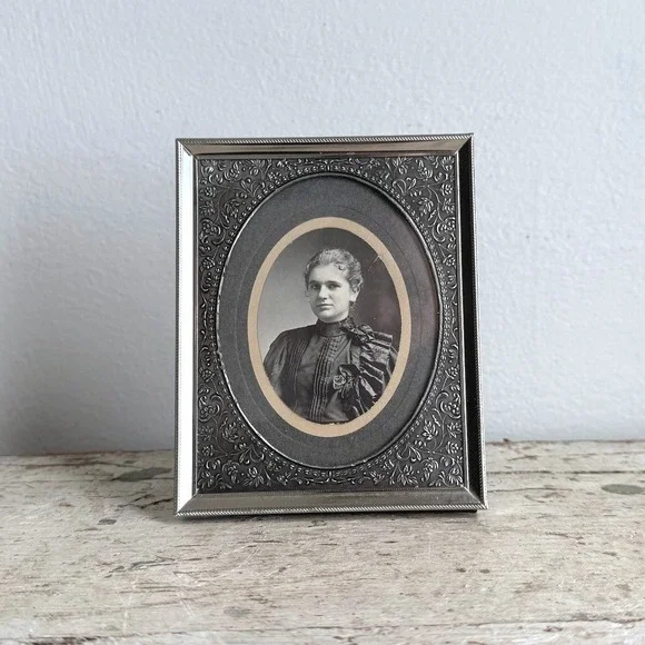 Vintage Silver Tone Metal Floral Embossed Oval Mat Frame Victorian Portrait