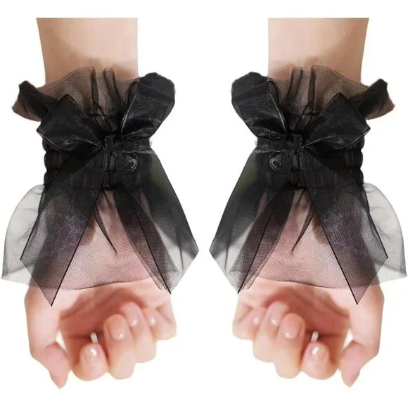 Women's Bow Lace Black Wrist Cuff Hand Sleeve Gloves Wedding Party Decoration