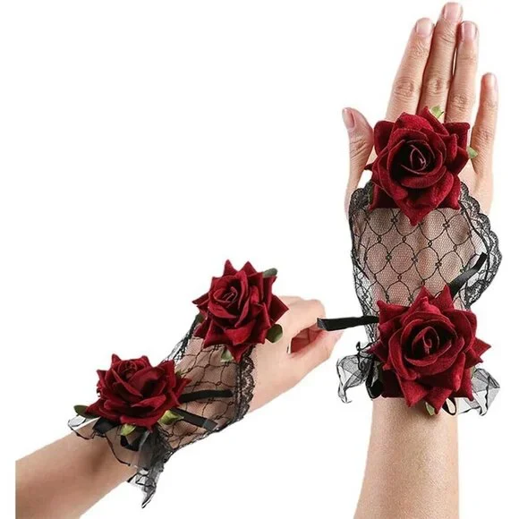 Women's Black Flower Rose Lace Hand Sleeve Gloves Wedding Halloween Accessories