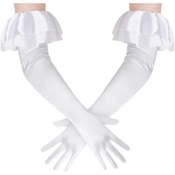 Women's White Long Satin Ruffle Cuff Stretchy Sleeves Gloves Wedding Costume