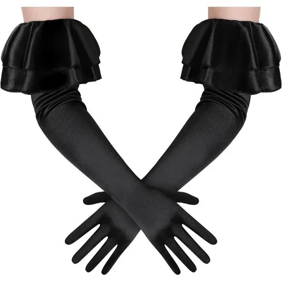 Women's Black Long Satin Ruffle Cuff Stretchy Sleeves Gloves Wedding Costume