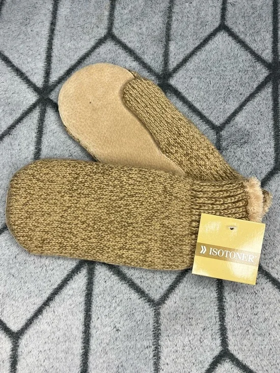 Isotoner Knit Heathered Tan Camel Mittens w Faux Fur Cuff NWT