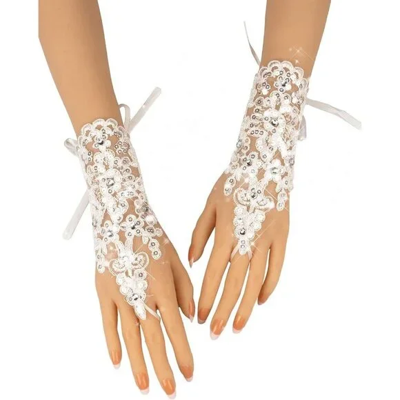 Women's Rhinestone Fingerless White Gloves Bride Wedding Party Prom Accessories