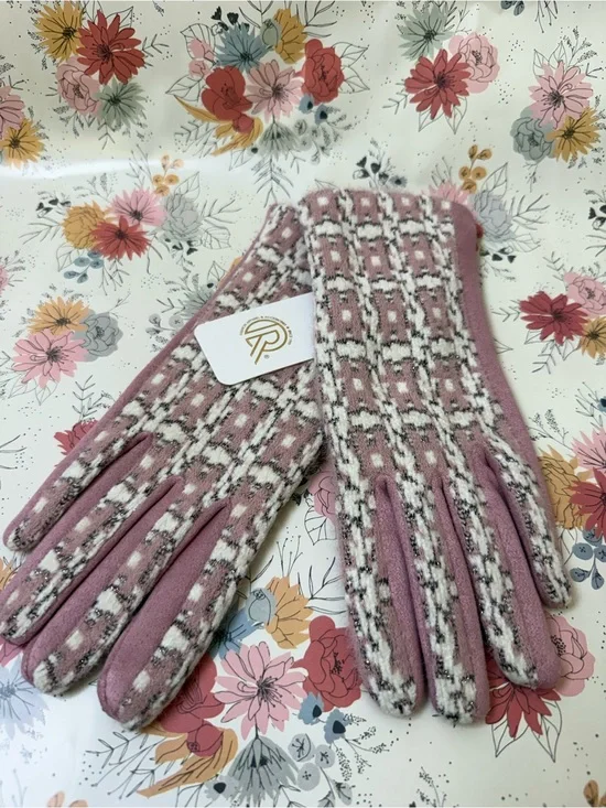 VM Mauve Pink Patterned Knit Gloves with Solid Trim