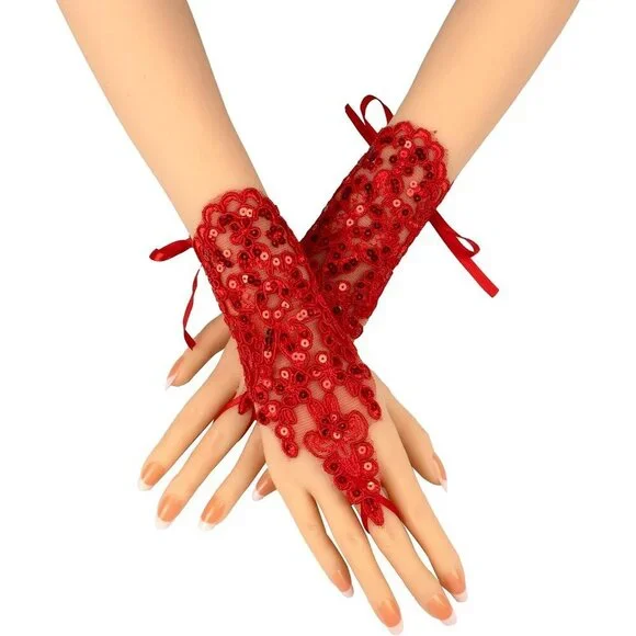 Women's Rhinestone Fingerless Red Gloves Bride Wedding Party Prom Accessories