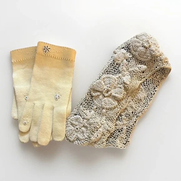Ivory Knit Gloves Floral Bead Detail Handmade Irish Crochet Lace Collar Vtg‎ 50s