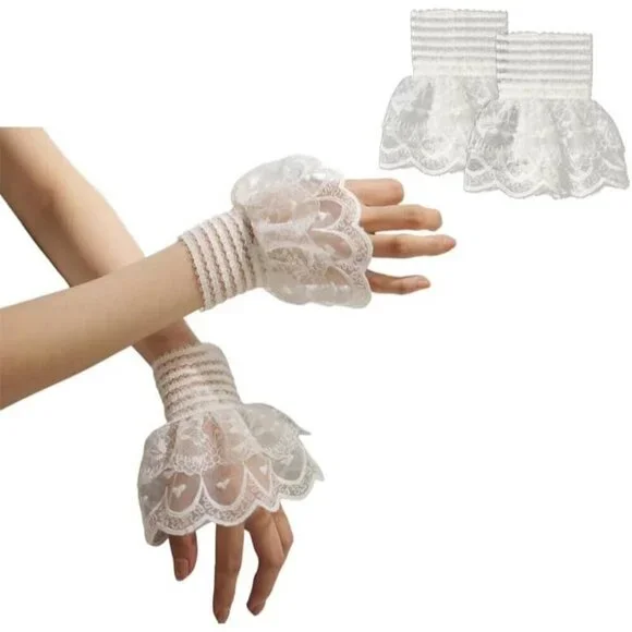 Women's White Detachable Floral Cuff Short Hand Sleeve Fingerless Ruffled Gloves