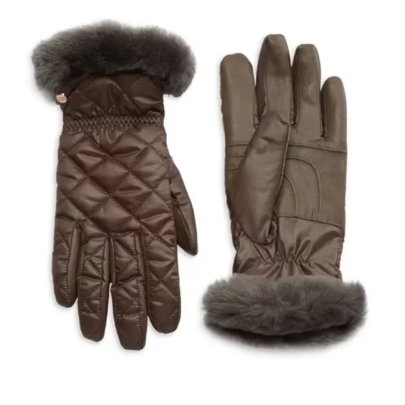 UGG Faux Fur Trim Quilted Gloves Stormy Grey Small Medium Touch Screen New Tags