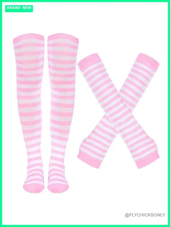 Striped Knee High Socks & Arm Warmer Fingerless Gloves Set