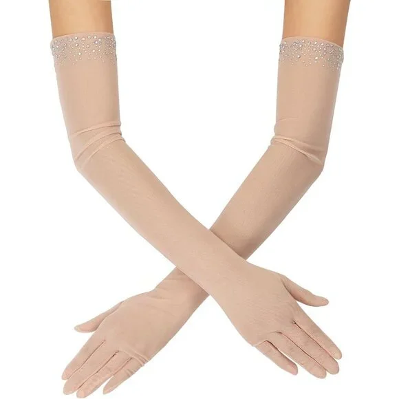 Women's Sexy Pearl Beaded Dusty Pink Long Gloves Tulle Mesh Wedding Party Prom