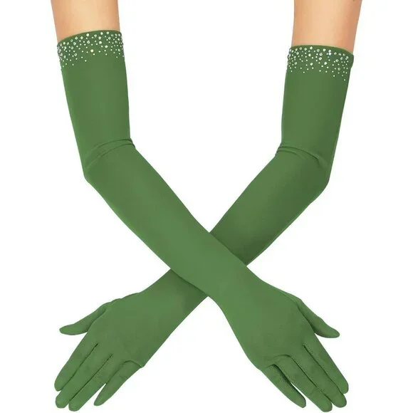 Women's Sexy Pearl Beaded Dark Green Long Gloves Tulle Mesh Wedding Party Prom