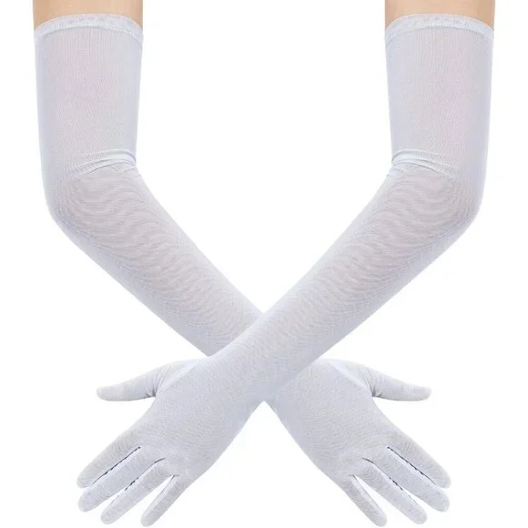 Women's Tulle Mesh White Long Stretchy Gloves Halloween Party Wedding Costume