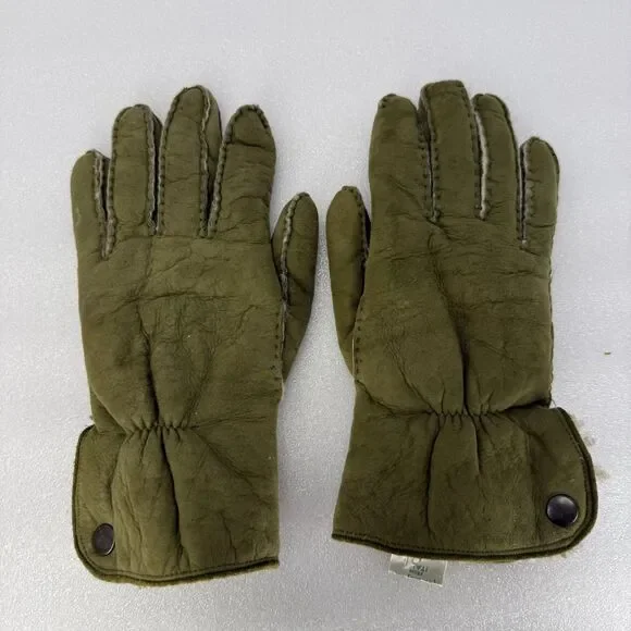 VTG Marshall Fields Gloves Mens 8.5 Green Suede Made In Italy Sherpa Lining Warm