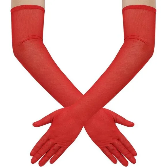 Women's Tulle Mesh Red Long Stretchy Gloves Halloween Party Wedding Costume