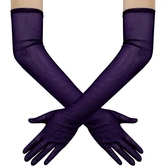 Women's Tulle Mesh Purple Long Stretchy Gloves Halloween Party Wedding Costume