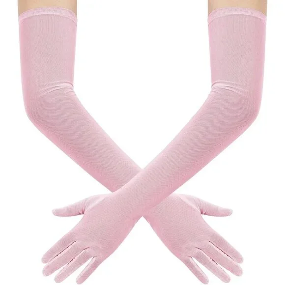 Women's Tulle Mesh Pink Long Stretchy Gloves Halloween Party Wedding Costume