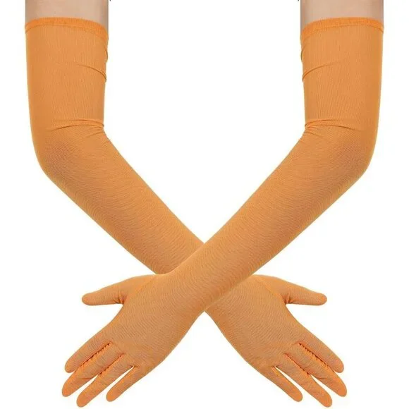 Women's Tulle Mesh Orange Long Stretchy Gloves Halloween Party Wedding Costume