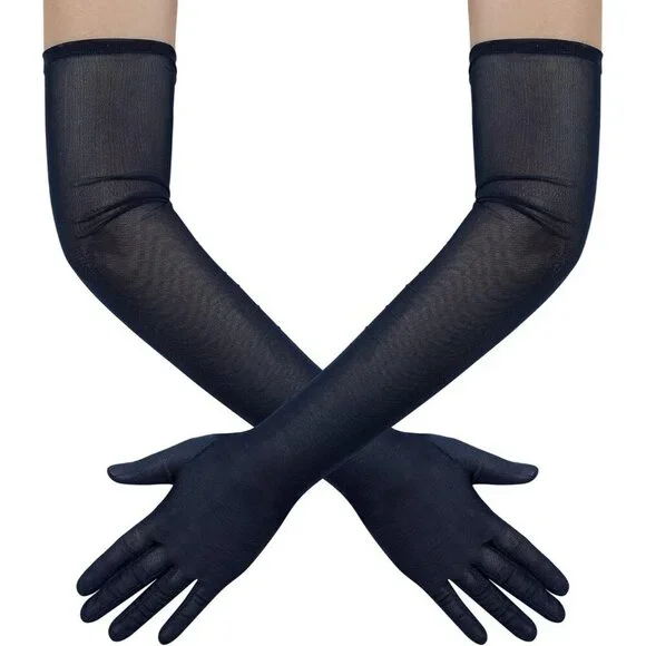 Women's Tulle Dark Navy Long Stretchy Gloves Halloween Party Wedding Costume