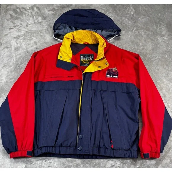Dunbrooke‎ Windbreaker Jacket Mens XL Red Navy Blue Good Vintage Schlage Hooded