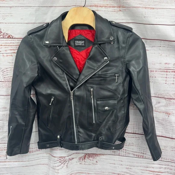 Straight to Hell Moto‎ Jacket Large Black Faux Leather Red Quilted Lined Belted