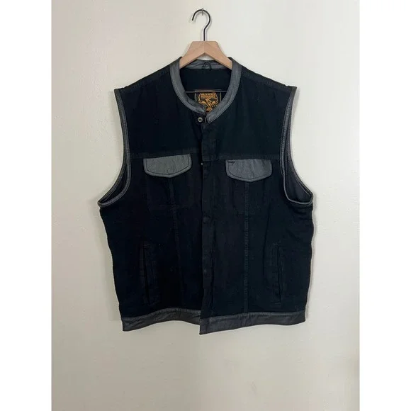 Milwaukee Performance Mens Black Denim Club Style‎ Leather Trim Biker Vest 4XL