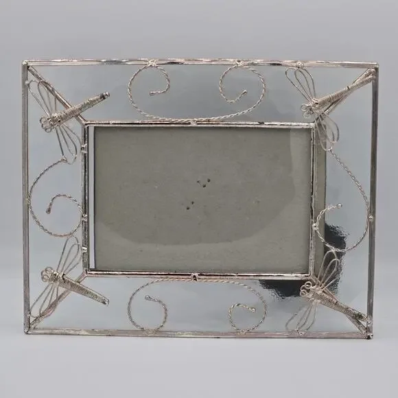 Photo Frame Silver Tone Metal Scroll with Dragonflies 4