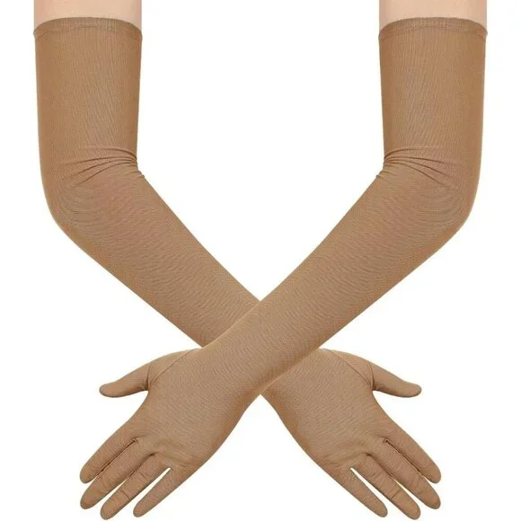Women's Tulle Mesh Khaki Long Stretchy Gloves Halloween Party Wedding Costume