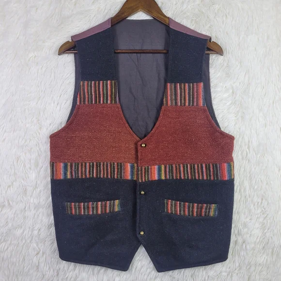 Vtg Handmade In Nepal Large Striped Colorblock Wool Vest‎ Colorful Southwestern