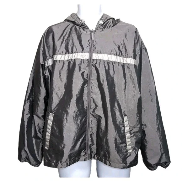 Vtg 90s Actra Full-Zip Hooded Windbreaker Mens XL Gray/Silver Reflective Stripes