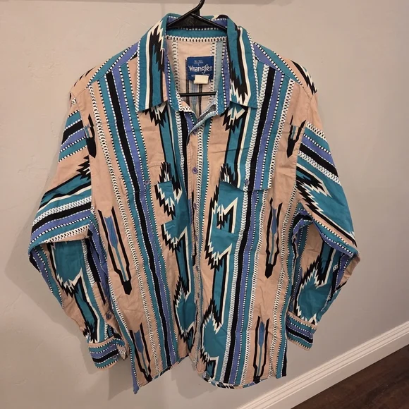 Vintage Wrangler Western Shirt Brushpopper Aztec Geometric 90's
