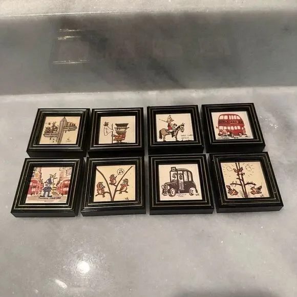 Vintage Rare Framed London-Themed Tile Handmade Art Set of 8