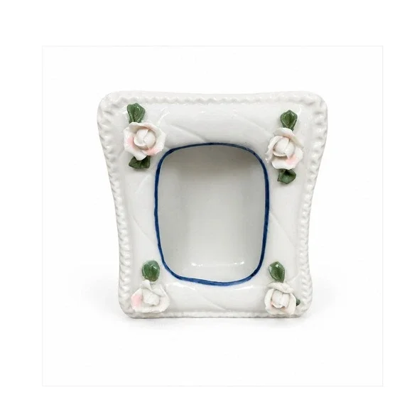 Vintage 1980s Cottagecore Mini Porcelain Picture Frame Pink Flower 4.25