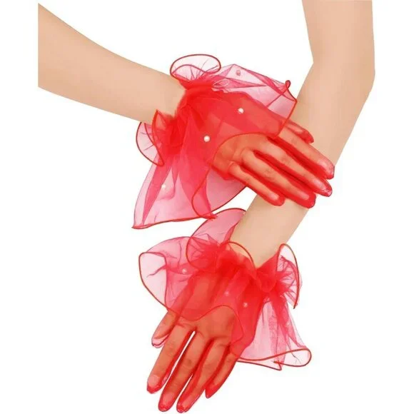 Women's Formal Evening Dark Red Short Mesh Tulle Gloves Wedding Party Costume