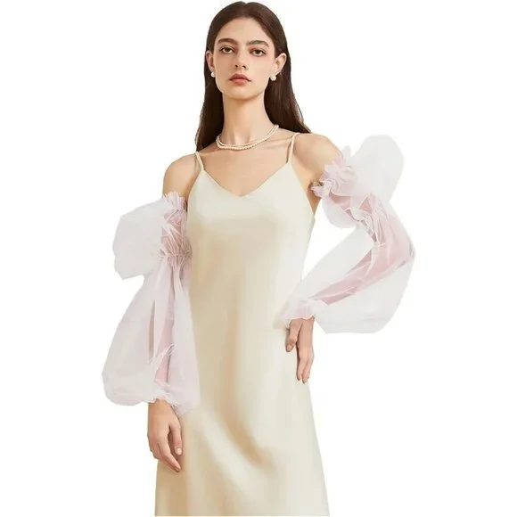 Women's White 2 Satin Tulle  Ruffled Puff Long Gloves Banquet Wedding Party