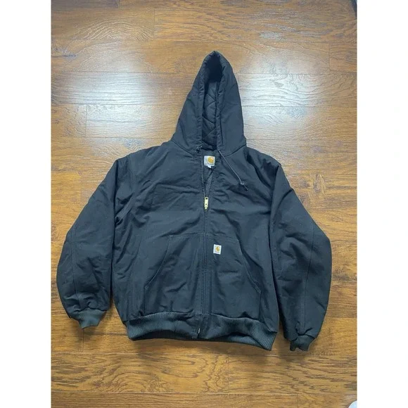 Carhartt J140 Blk Canvas Hooded Jacket Mens Sz XL Black USA Made Quilt Lined