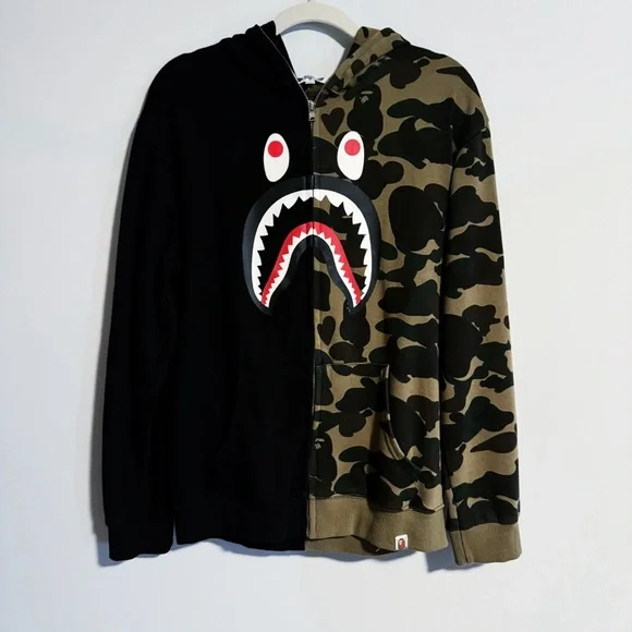 A Bathing Ape - Black and Olive Camo Shark Graphic Hoodie