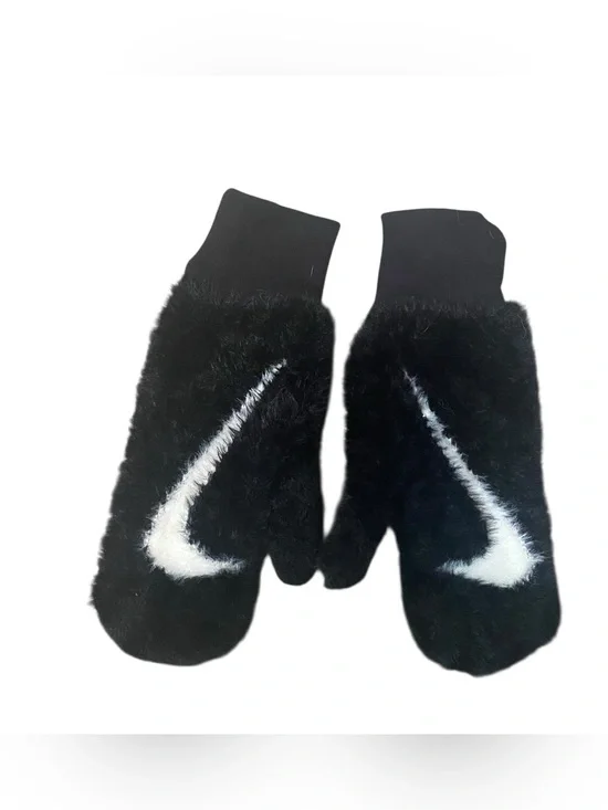 Nike Black and White Big Swoosh Fuzzy Mittens Size XS
