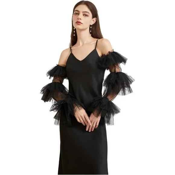 Women's Black Satin Tulle  Ruffled Puff Long Gloves Banquet Wedding Party