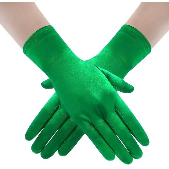 Women's Green Short Satin Gloves Stretchy Fabric Formal Wedding Party Tea Prom