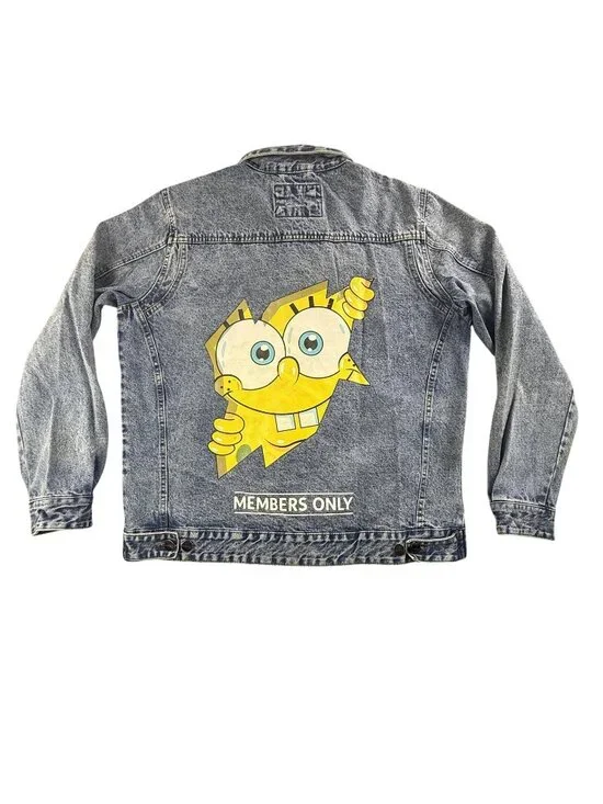 SpongeBob Members Only Jacket Men XL Blue Denim Nickelodeon Cartoon Jean Trucker