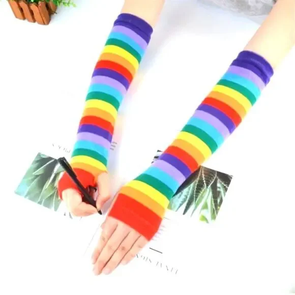 Rainbow fingerless gloves sleeves thumb hole multicolor accessory