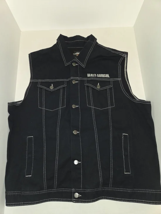 Harley-Davidson Black Denim Sleeveless Vest with White Stitching