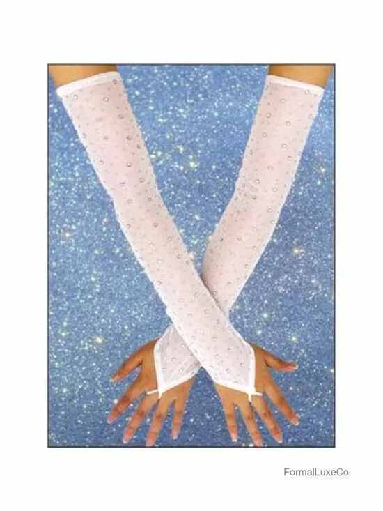 Rhinestone Fingerless Long Gloves Sheer Mesh Elbow Length Opera Gloves Rave